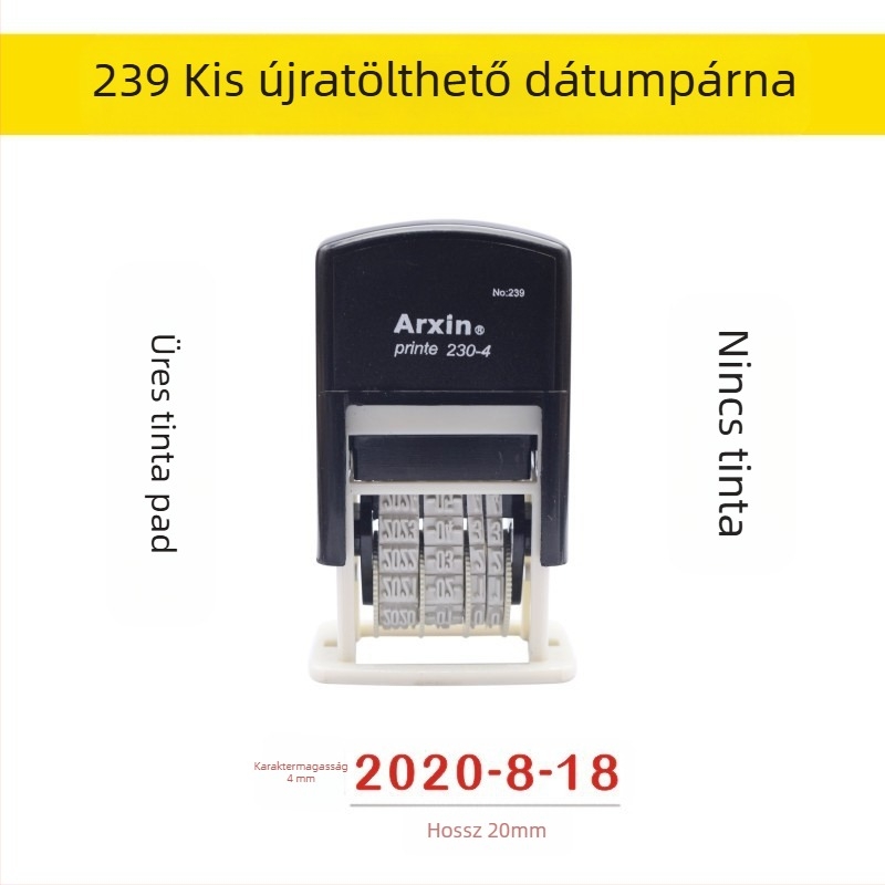 Dátumpecsét — tintavisszatérés; dátum nyomtatására szolgáló visszahúzható tinta (Anyag: műanyag; Forma: dátum nyomtatás; Használat: dátum nyomtatás; Jellemzők: tintavisszatérés)