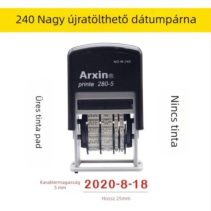 Dátumpecsét — tintavisszatérés; dátum nyomtatására szolgáló visszahúzható tinta (Anyag: műanyag; Forma: dátum nyomtatás; Használat: dátum nyomtatás; Jellemzők: tintavisszatérés)