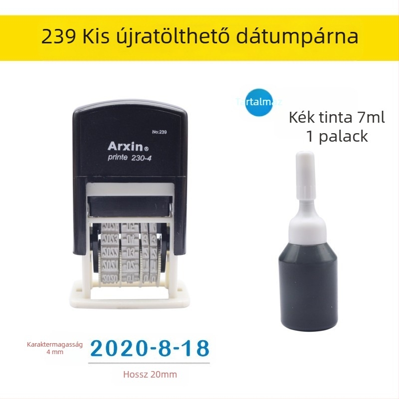 Dátumpecsét — tintavisszatérés; dátum nyomtatására szolgáló visszahúzható tinta (Anyag: műanyag; Forma: dátum nyomtatás; Használat: dátum nyomtatás; Jellemzők: tintavisszatérés)