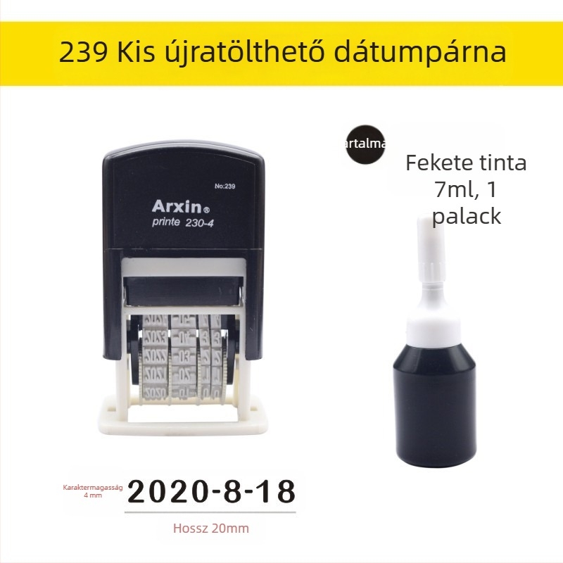 Dátumpecsét — tintavisszatérés; dátum nyomtatására szolgáló visszahúzható tinta (Anyag: műanyag; Forma: dátum nyomtatás; Használat: dátum nyomtatás; Jellemzők: tintavisszatérés)
