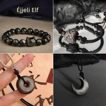 Ezüst obsidian nyaklánc, kézzel készített, Aisu márka, új kínai stílus