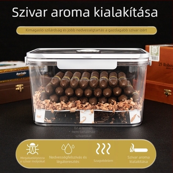 HANNICOOK szivaros doboz – zárható, nedvesség- és rovarálló, nedvesítésre és érlelésre, fogantyúval; anyagok: PET/PP/szilikon; stílus: egyszerű