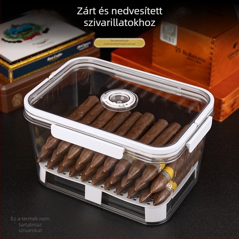 HANNICOOK szivaros doboz – zárható, nedvesség- és rovarálló, nedvesítésre és érlelésre, fogantyúval; anyagok: PET/PP/szilikon; stílus: egyszerű