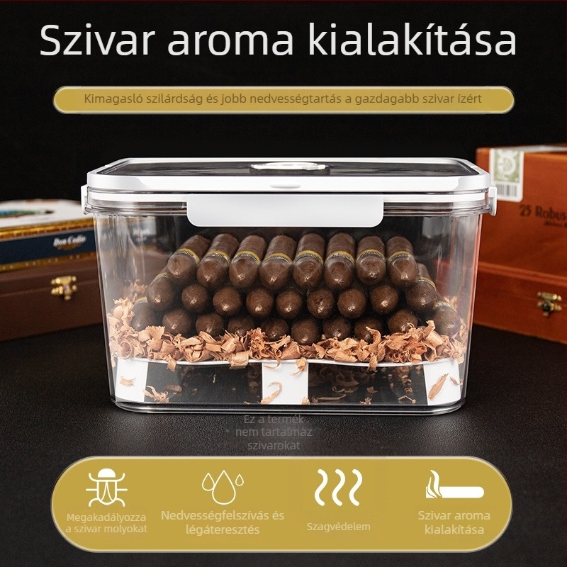 HANNICOOK szivaros doboz – zárható, nedvesség- és rovarálló, nedvesítésre és érlelésre, fogantyúval; anyagok: PET/PP/szilikon; stílus: egyszerű