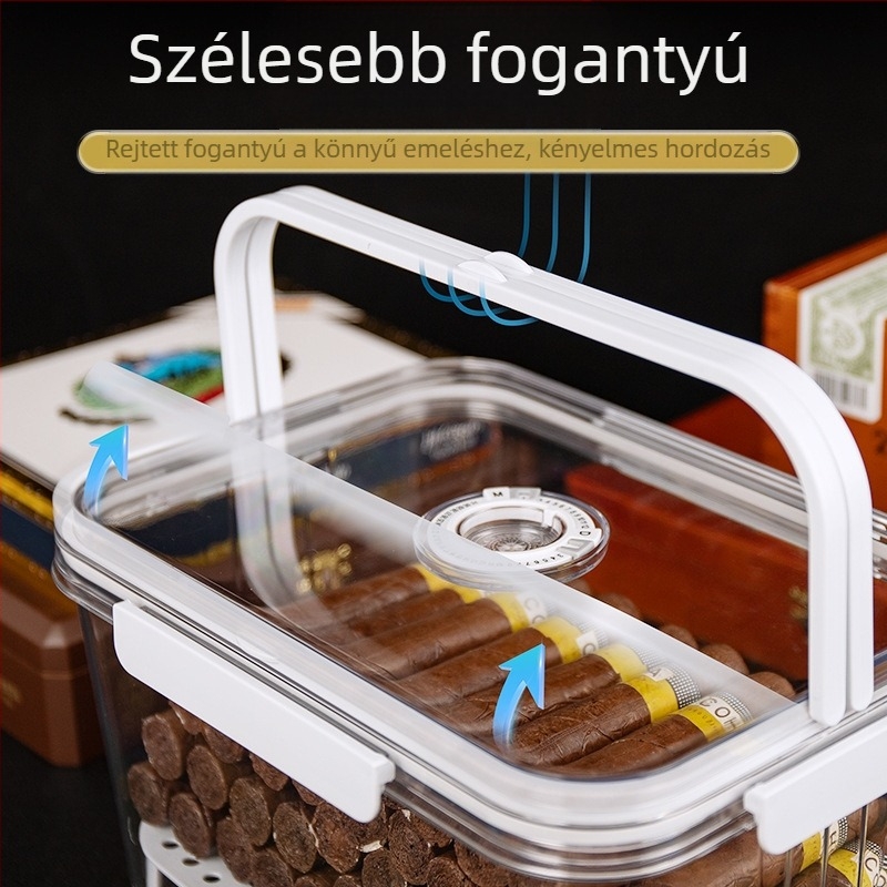 HANNICOOK szivaros doboz – zárható, nedvesség- és rovarálló, nedvesítésre és érlelésre, fogantyúval; anyagok: PET/PP/szilikon; stílus: egyszerű