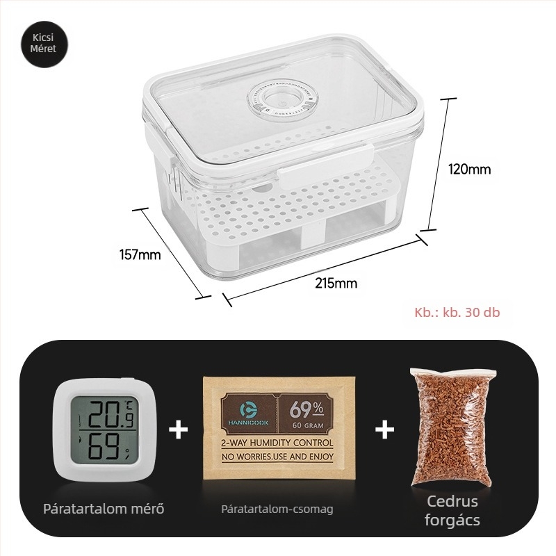 HANNICOOK szivaros doboz – zárható, nedvesség- és rovarálló, nedvesítésre és érlelésre, fogantyúval; anyagok: PET/PP/szilikon; stílus: egyszerű
