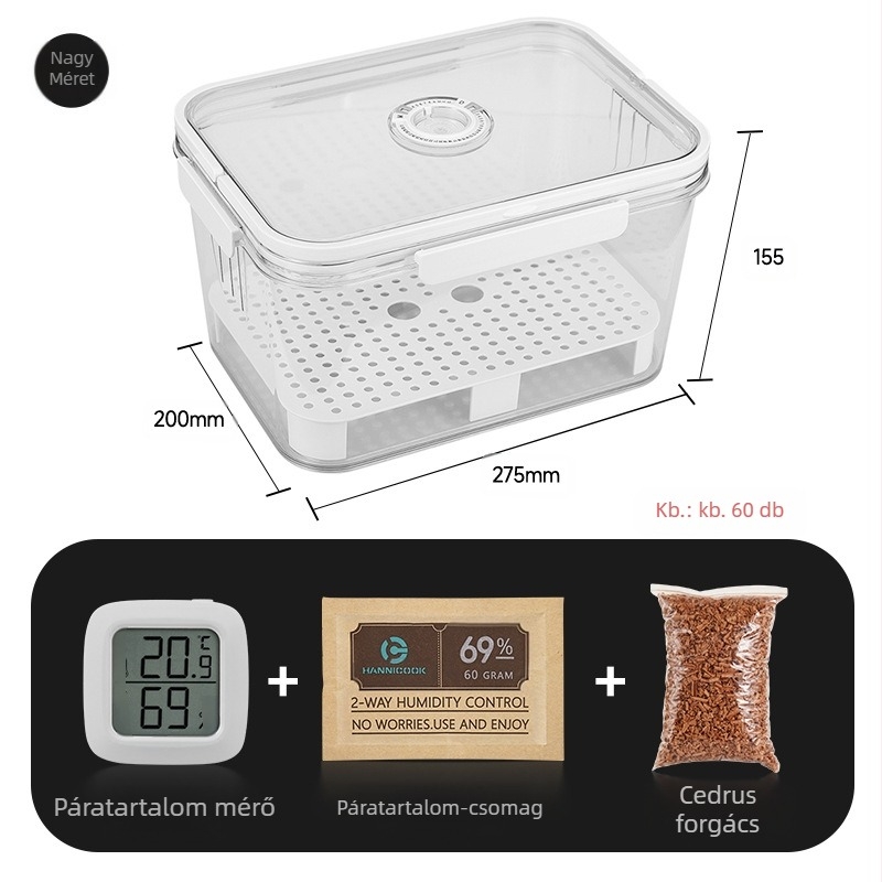 HANNICOOK szivaros doboz – zárható, nedvesség- és rovarálló, nedvesítésre és érlelésre, fogantyúval; anyagok: PET/PP/szilikon; stílus: egyszerű