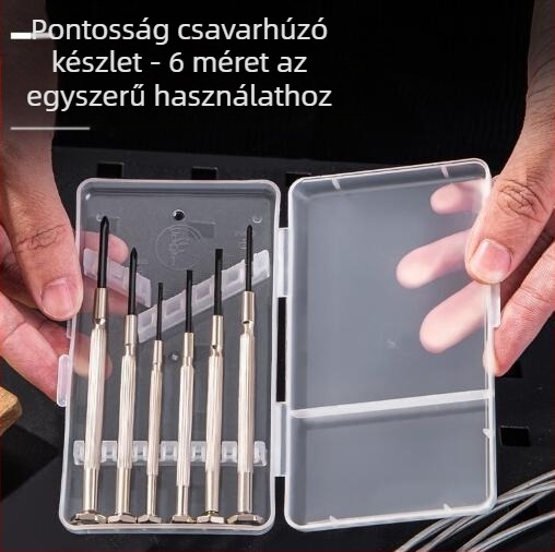 Órakészítéshez szerszámkészlet, 6 darabos, szénacél, nem mágneses, nem szigetelt, csavarátmérő 1.0–3.0 mm, átlátszó PP dobozban