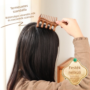 Szantálfa fából készült fésű, öt foga, kerek fej, meridiános masszázs a fejbőrre