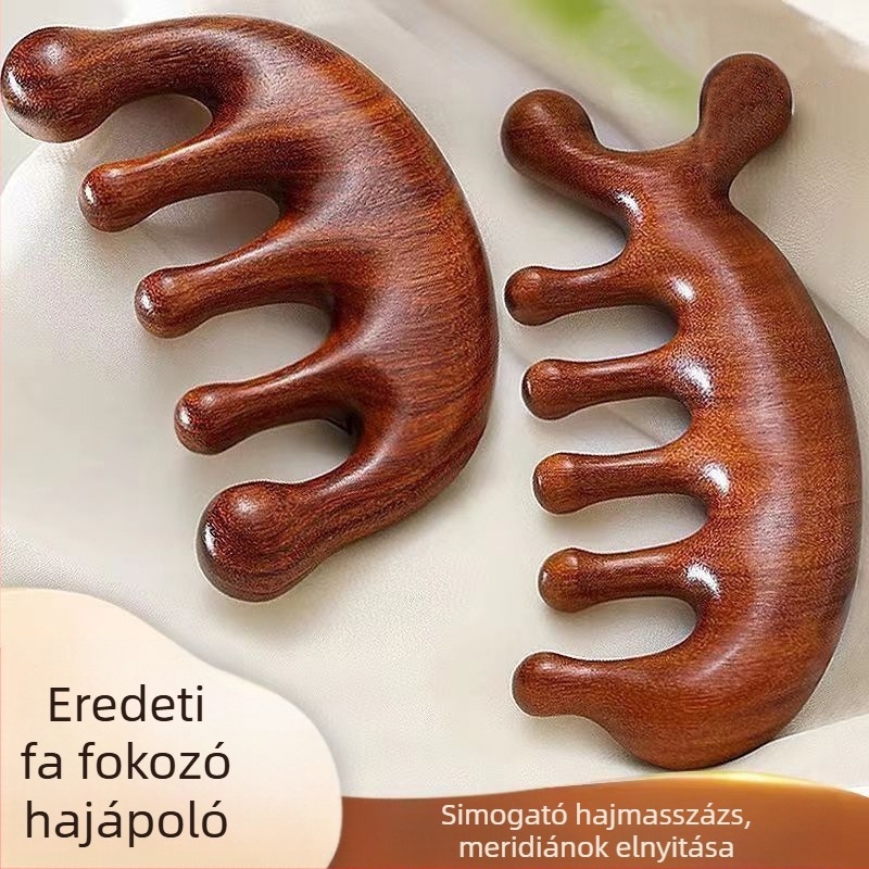 Többfunkciós szantálfából készült masszázs fésű a fejbőr számára, öt foggal