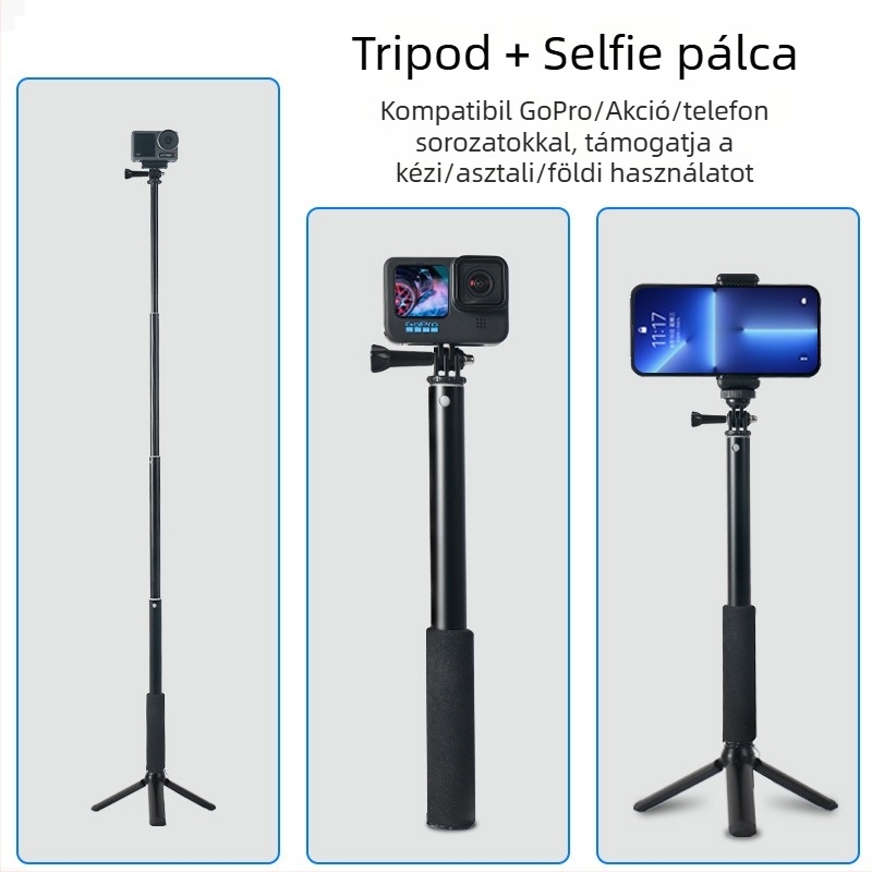 Akciókamerákhoz való selfie bot, alumínium ötvözet, teleszkópos hosszabbítás, 3-tengelyes gimbal, ötrészes kivitel, teherbírás 2 kg-ig