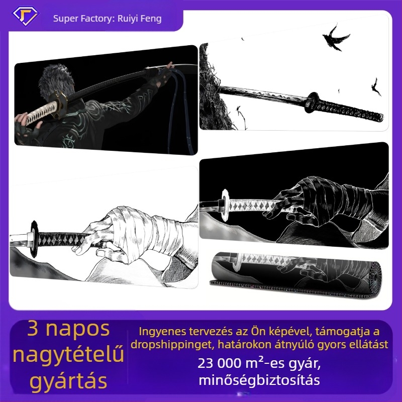 Szamurájkard motívumos egérpad – játékhoz és irodába, 30×80 cm, természetes gumi, csúszásmentes, egyoldalas, egyedi logó nyomtatás