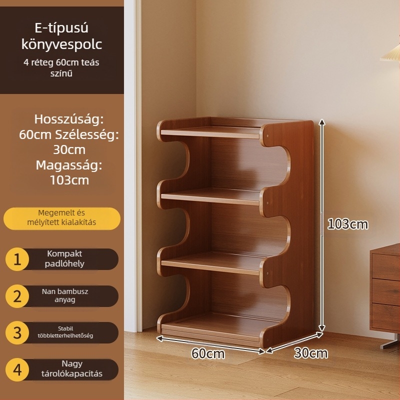 Könyvespolc, többrétű padlón álló polc a nappaliba, bambusz Nanzhu + MDF, modell 568, modern minimalista stílus, Haichuan