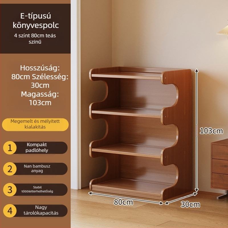 Könyvespolc, többrétű padlón álló polc a nappaliba, bambusz Nanzhu + MDF, modell 568, modern minimalista stílus, Haichuan