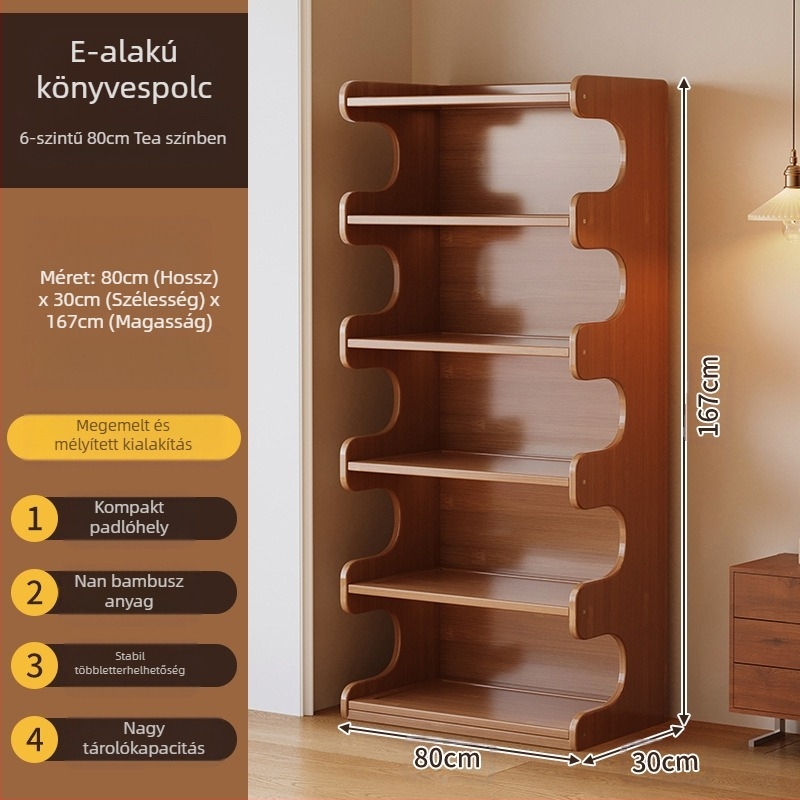 Könyvespolc, többrétű padlón álló polc a nappaliba, bambusz Nanzhu + MDF, modell 568, modern minimalista stílus, Haichuan