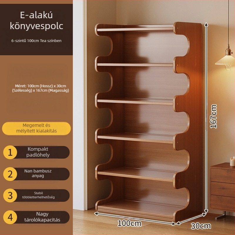 Könyvespolc, többrétű padlón álló polc a nappaliba, bambusz Nanzhu + MDF, modell 568, modern minimalista stílus, Haichuan