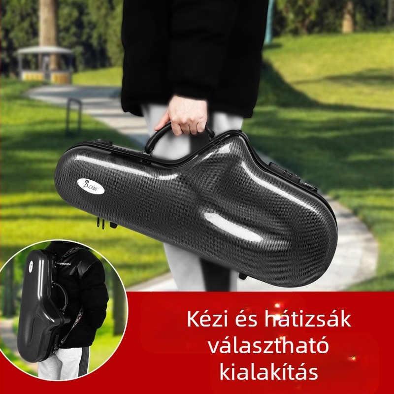ND260 saxofon tároló doboz – üveg- és acélból készült konstrukció; tartalmaz fedőt, táskát és tokot.