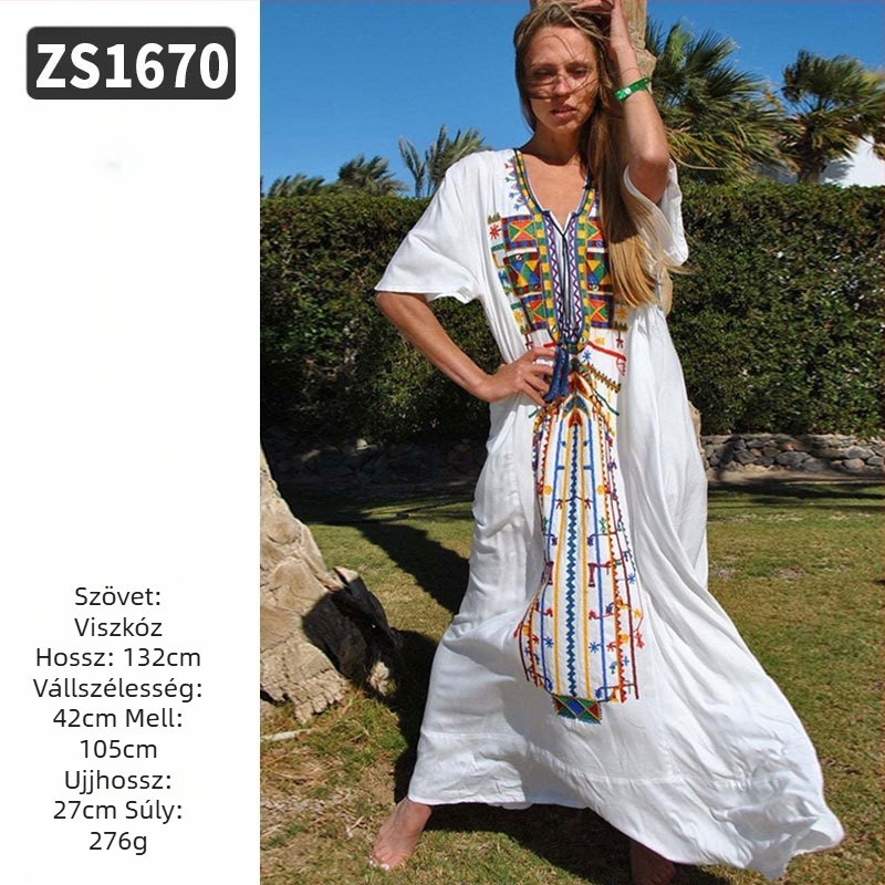 Hímzett strandköntös rayonból; bélés: rayon, 100% pamut; stílus: strandruha; nőknek 18–24 évesek