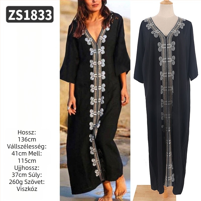 Hímzett strandköntös rayonból; bélés: rayon, 100% pamut; stílus: strandruha; nőknek 18–24 évesek