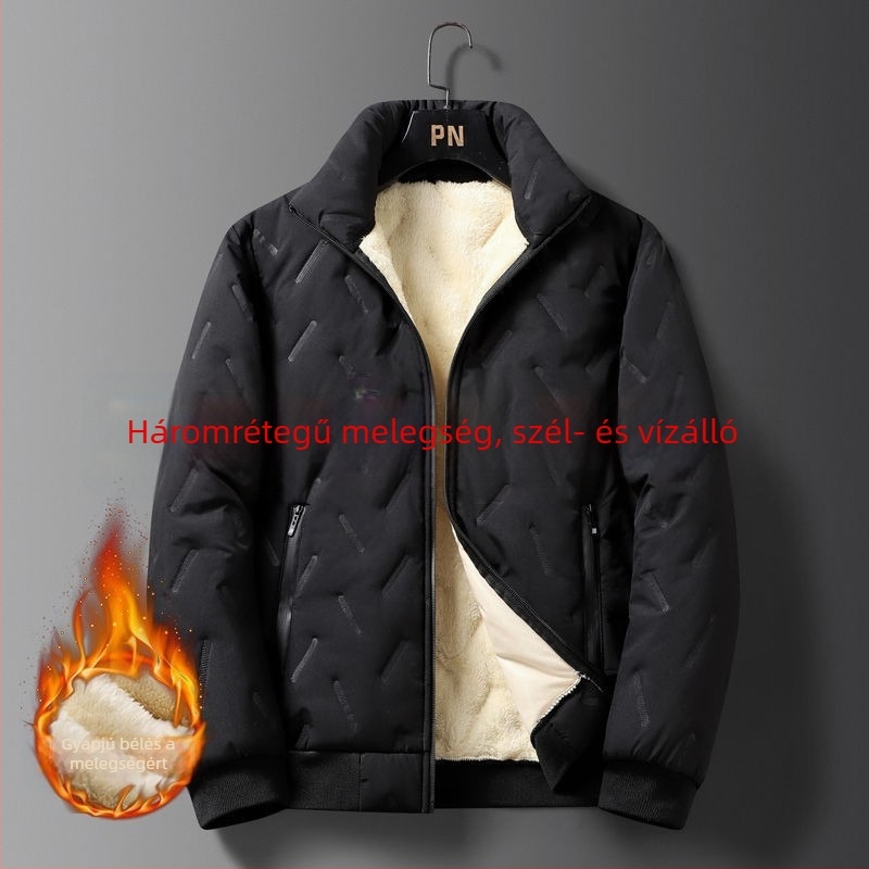 Téli férfi pamutkabát fleece-béléssel, vastagított, állógalléros, rövid fazon, laza szabás, plusz méret