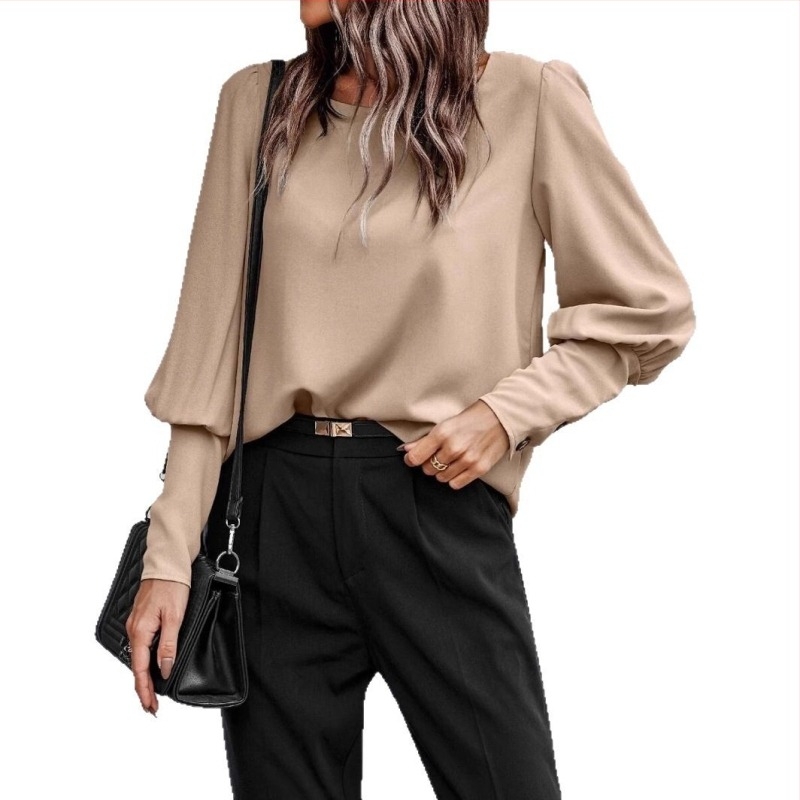Női hosszú ujjú T‑shirt, kerek nyakú, poliészter-spandex keverék, laza, casual pulóver-stílus