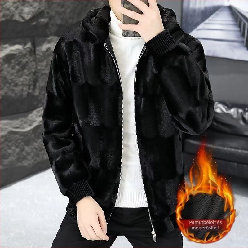 Férfi műszőrme kabát jacquard állatmintával, reveres gallér, cipzáras lezárás, szabad szabás