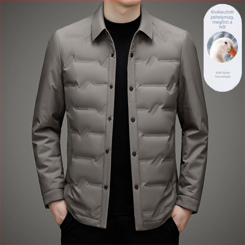 Könnyű pehelydzseki fehér lúd tollal, 700 töltet, galléros, kapucniamentes, egyrészes záródás, középkorú férfiaknak, téli 2024
