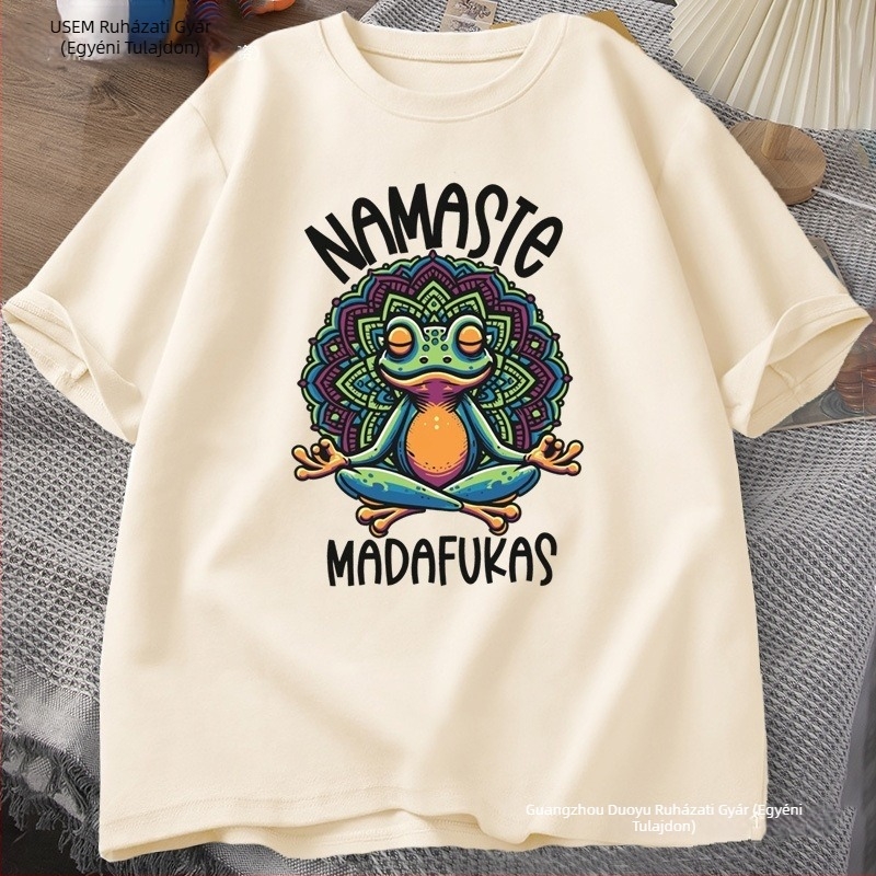 Pamutpóló testreszabható nyomtatással, frog yoga graphic, rövid ujjú, kerek nyakú, bő szabás