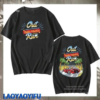 Férfi 90s Vintage Out Run póló nyomott mintával, 90–95% pamut, kerek nyak, rövid ujjú, lazán szabott
