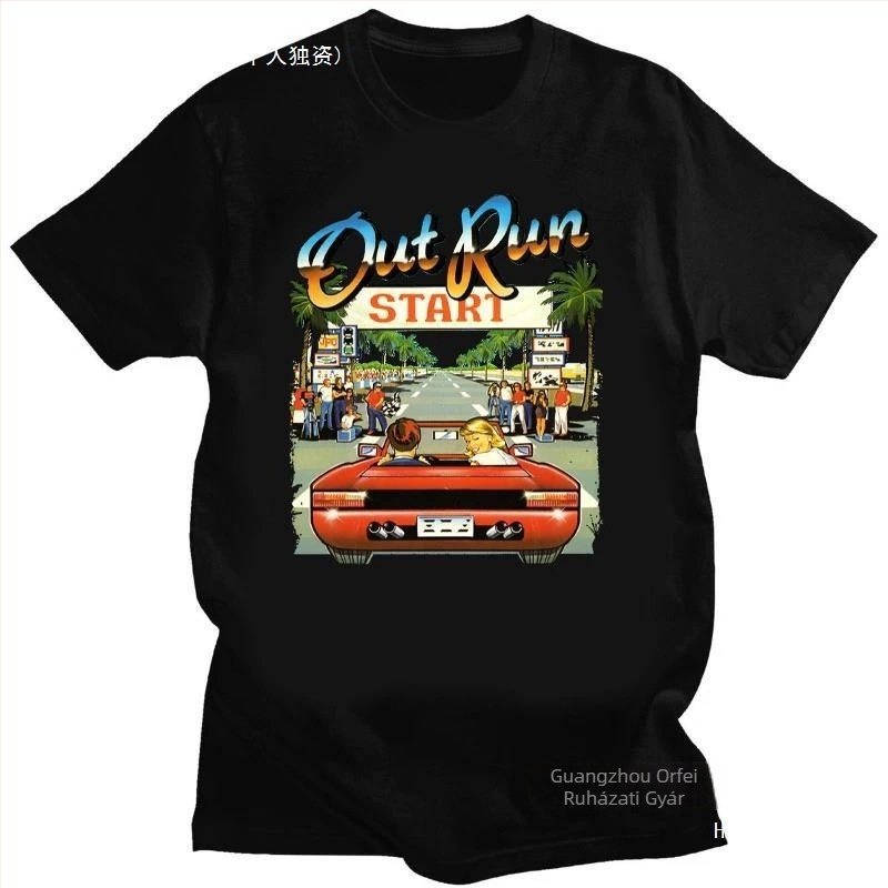 Férfi 90s Vintage Out Run póló nyomott mintával, 90–95% pamut, kerek nyak, rövid ujjú, lazán szabott