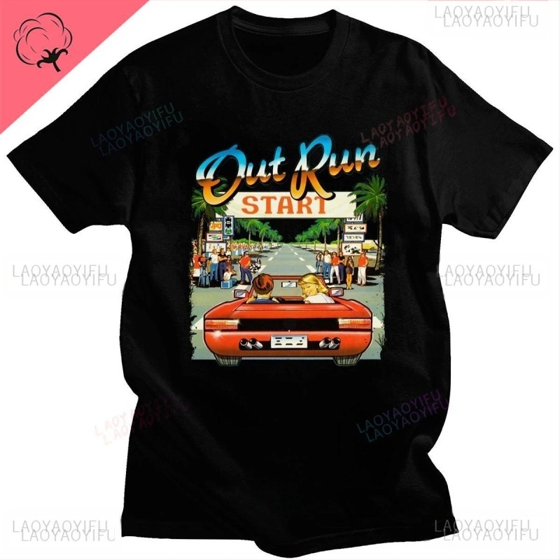 Férfi 90s Vintage Out Run póló nyomott mintával, 90–95% pamut, kerek nyak, rövid ujjú, lazán szabott
