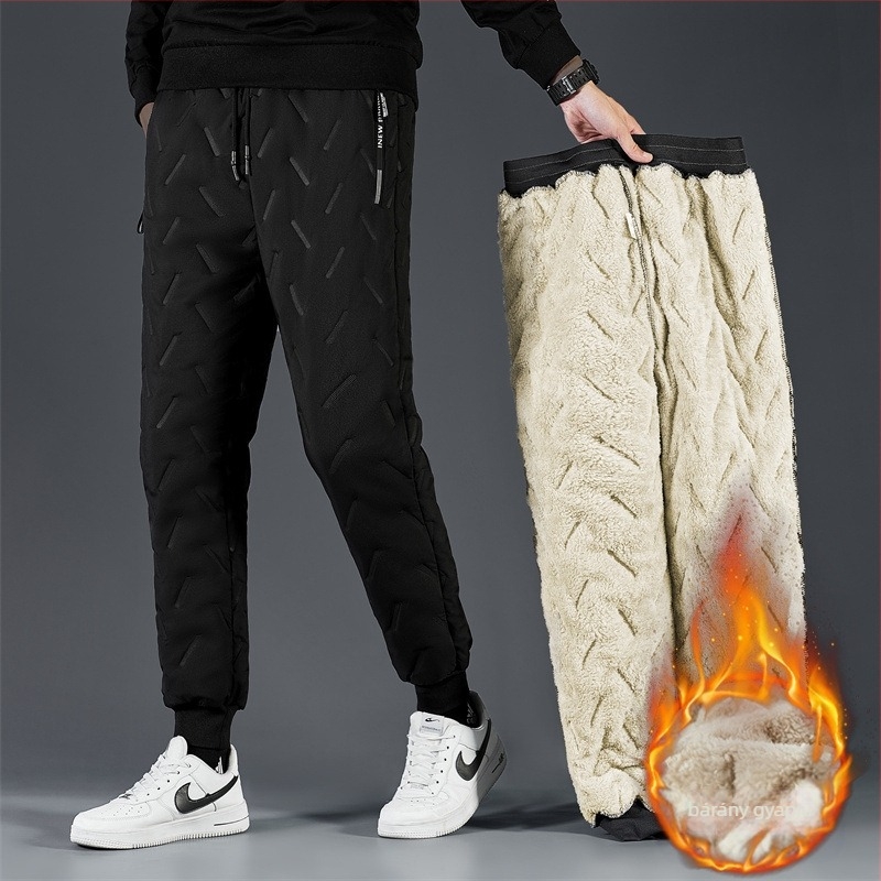 Férfi téli fleece-béléssel ellátott sportos nadrág, lazább szabás, középmagas derék, kötőzár