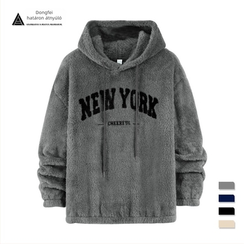 Férfi kapucnis fleeces pulóver lazább szabás, betűs hímzés, oldalzsebek, kétoldalas Arctic Velvet anyag, 90% poliészter, 5% spandex, 5% pamut