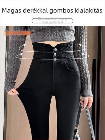 Női gombos leggings, fekete, magas derekú, szoros, rugalmas, tavasz 2026 új modell
