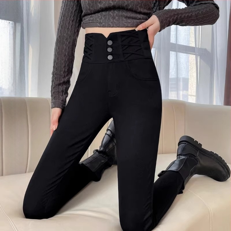 Női gombos leggings, fekete, magas derekú, szoros, rugalmas, tavasz 2026 új modell
