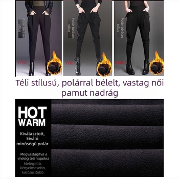 Női őszi-téli fleece bevonatú harém nadrág, magas derekú, laza szabás, fekete, plusz méret