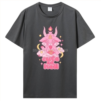 Pamut T-shirt Baphomet grafikával, nyomtatott retro stílusban, kerek nyakú, rövid ujjú