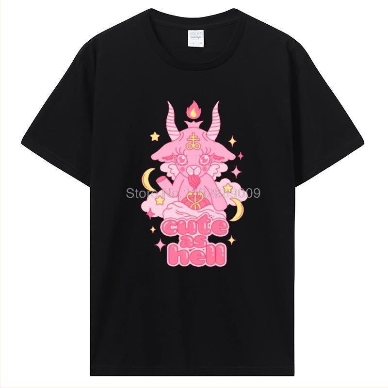 Pamut T-shirt Baphomet grafikával, nyomtatott retro stílusban, kerek nyakú, rövid ujjú