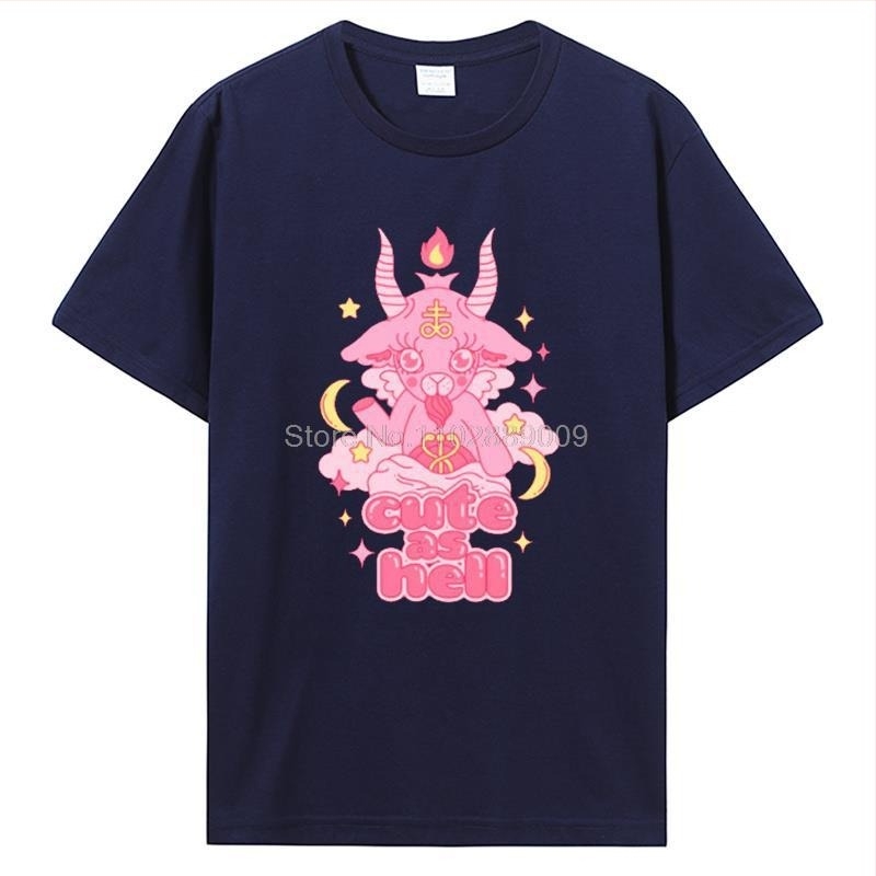 Pamut T-shirt Baphomet grafikával, nyomtatott retro stílusban, kerek nyakú, rövid ujjú