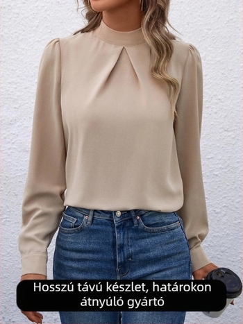 Szatén ing hosszú ujjú, gallér fél-turtleneck, laza szabás, pulóver stílus, 95% poliészter