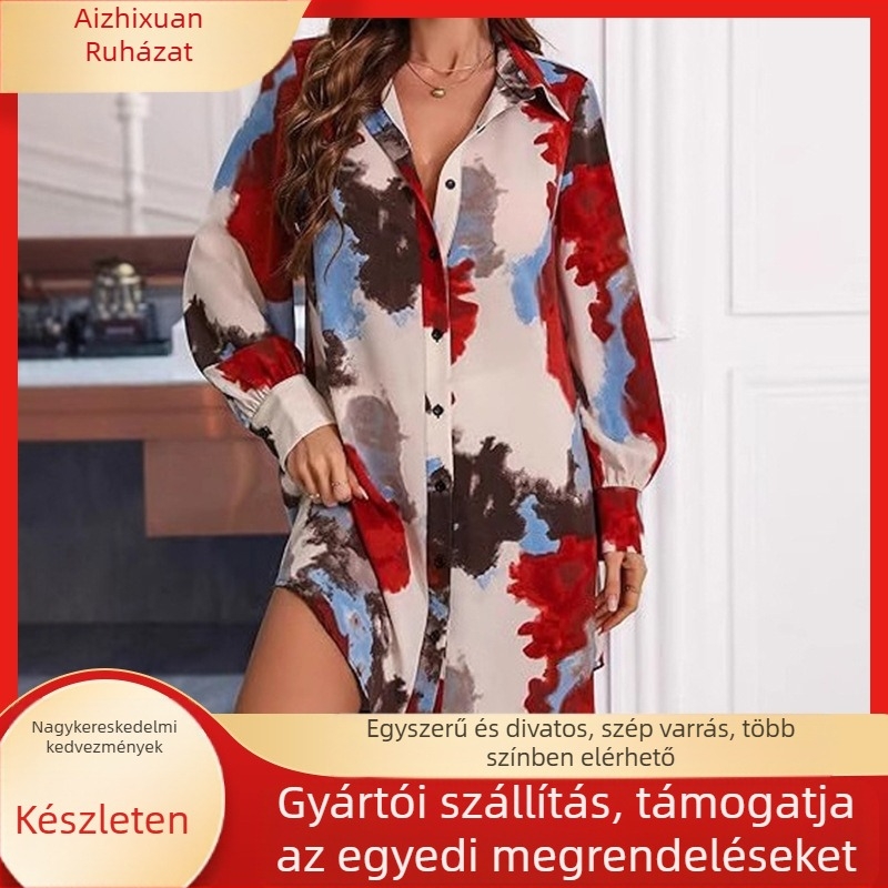 Flórás mintás, hosszú ujjú ing, gombos lezárás, ingnyak, lazán szabott, poliészter-elasztán keverék, középmagas hosszúság