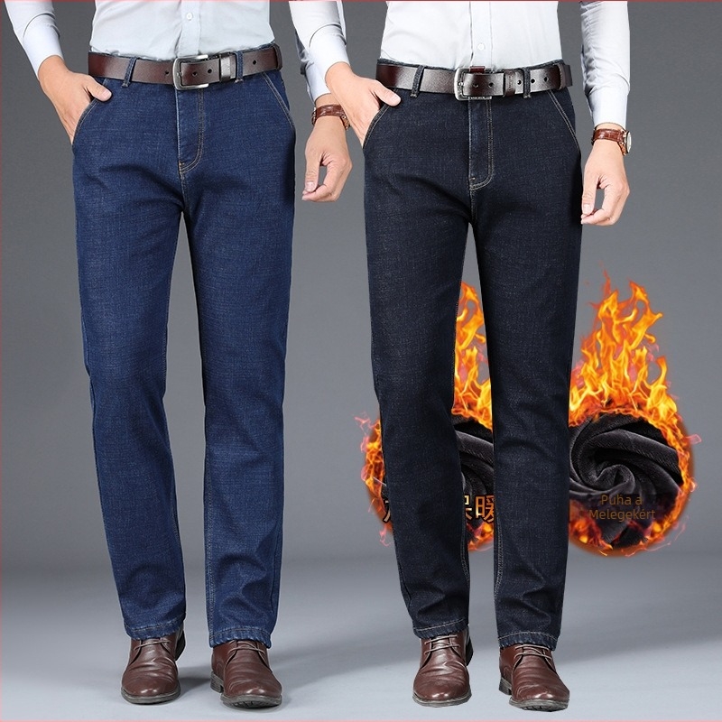 Férfi farmernadrág rugalmas denimből, belső fleece béléssel, egyenes szabású, magas derekú