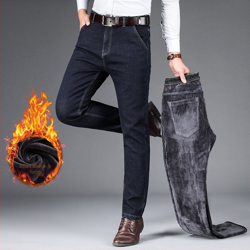 Férfi farmernadrág rugalmas denimből, belső fleece béléssel, egyenes szabású, magas derekú