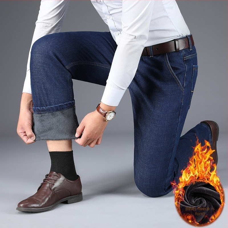 Férfi farmernadrág rugalmas denimből, belső fleece béléssel, egyenes szabású, magas derekú