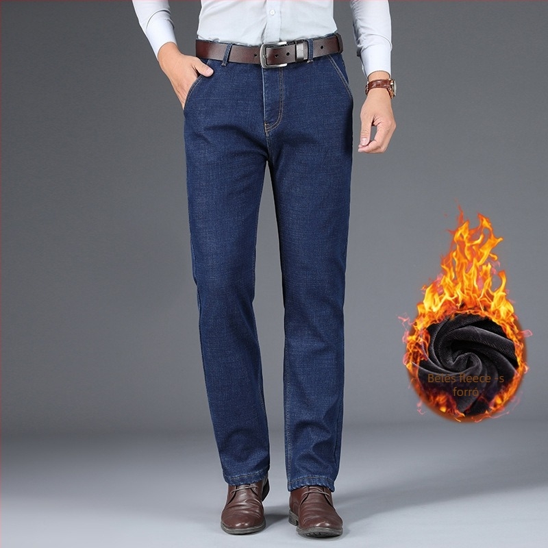 Férfi farmernadrág rugalmas denimből, belső fleece béléssel, egyenes szabású, magas derekú