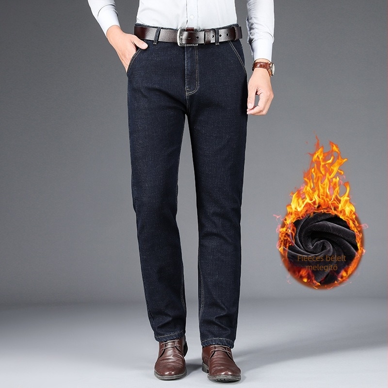 Férfi farmernadrág rugalmas denimből, belső fleece béléssel, egyenes szabású, magas derekú