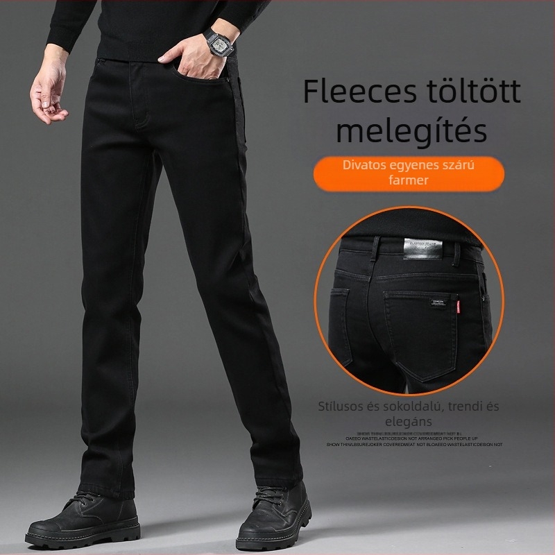 Férfi téli fleece-béléssel ellátott farmernadrág, egyenes szabású, középmagas derekú, cipzáras zárás, mikroelasztikus