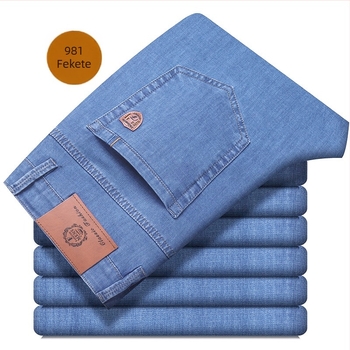 Férfi farmernadrágok – Straight, vékony, mikroelasztikus, középmagas derekú, cipzárral (59% pamut denim)