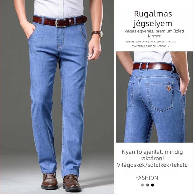 Férfi farmernadrágok – Straight, vékony, mikroelasztikus, középmagas derekú, cipzárral (59% pamut denim)