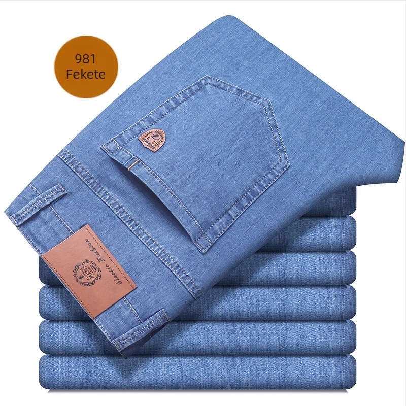 Férfi farmernadrágok – Straight, vékony, mikroelasztikus, középmagas derekú, cipzárral (59% pamut denim)